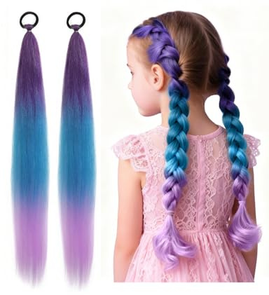 FUGLUS 2 pezzi ciocche di capelli sintetici da intrecciare, 66 cm,per capelli intrecciati, con elastico per capelli, treccia intrecciata, ciocche di capelli colorate per bambini, feste, vacanze
