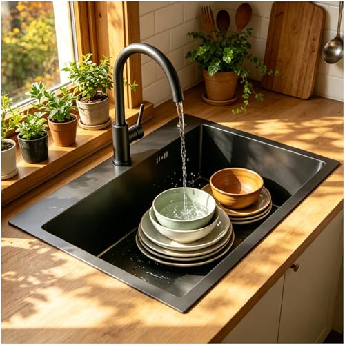 Évier de 60 x 45 cm en Noir Anthracite pour Cuisine, surface résistante aux rayures, évier en acier inoxydable, évier de cuisine avec garniture de vidange, y compris support de drainage pour vaisselle