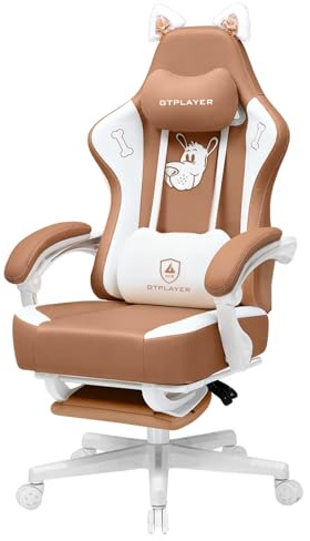 GTPLAYER Söt spelstol, gamingstol, ergonomisk kontorsstol, gamerstol med kattöron, minnesskum och fotstöd, 150 kg, konstläderbrun