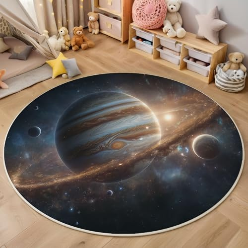 ZISTRCBAO Kinderteppich Rund Weltraum-Jupiter 120cm, Kosmisches Thema Rundteppich Pflegeleicht & rutschfest – Ideal Für Jungenzimmer Mädchenzimmer