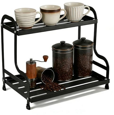 2 Tier Coffee Station Organizer,Kitchen Countertop Organiser,Carbon Steel | Coffee Bar Accessories Condiment Stand Mug Holder,Storage Rack for Bathroom,Kitchen (Black)