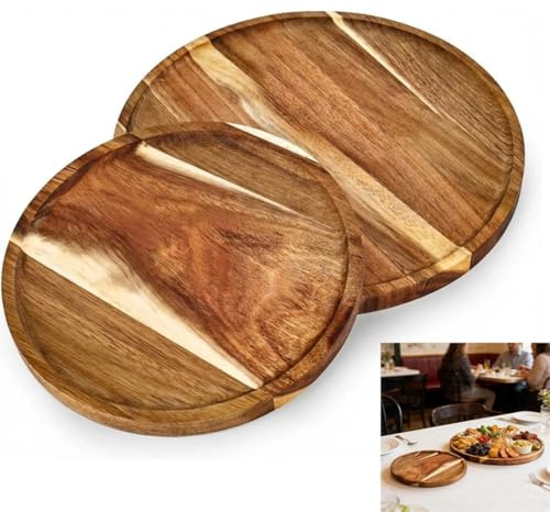 Mujiluxe Holztablett rund,holztablett,kerzenteller,Deko Snackschale,Zweiteiliges rundes Groß plus klein aus Holz, für Couchtische, Snacks und als Dekoration für Zuhause