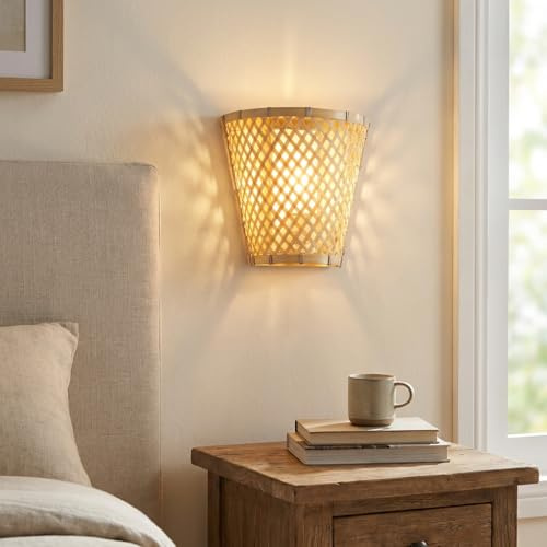 BARCELONA LED Applique da parete in vimini Pani artigianale paralume in legno, bambù e fibre naturali, stile boho, isola, giapponese, moderno, industriale e classico per soggiorno, camera e scala