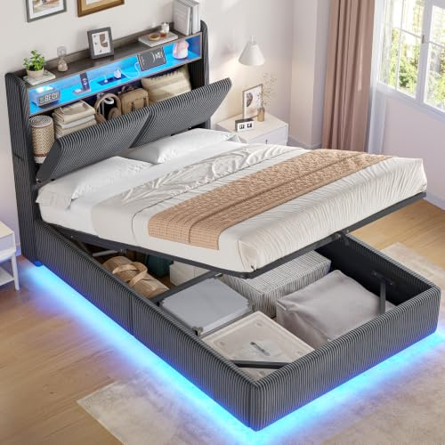 AOGLLATI Bett 90x200 mit Hydraulisches Stauraum Jugendbett 90x200 mit LED-Beleuchtung und Ladestation, Polsterbett Einzelbett Kinderbett mit Stauraum Kopfteil,Ohne Matratze (Dunkelgrau, 90x200cm) | Jugendbett mit Kopfteil, Canape-Bett mit 270° LED und integrierter Ladung, Lattenrost aus Holz, Cordgrau