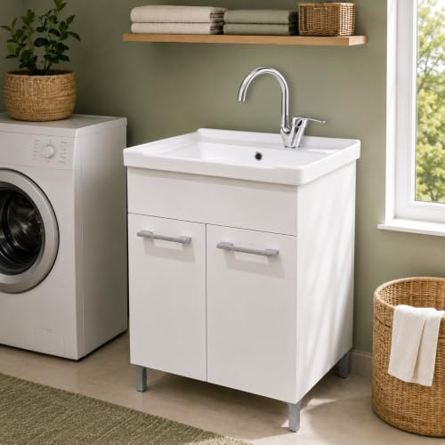 Mobile Lavatoio Lavanderia Bianco 60x50 cm con Vasca in Ceramica – Mobiletto Pilozza Compatto a Due Ante con Kit di Scarico Incluso – Già Assemblato Linea Lavanderia