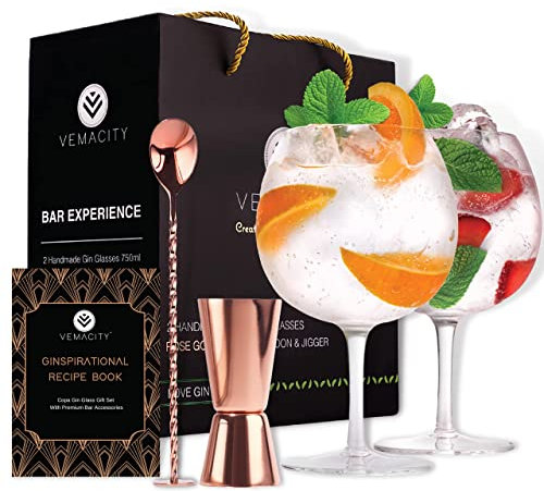 Vemacity Gin Tonic Glass for Gin Lovers - Juego de 2 vasos G&T hechos a mano. Cuchara de cóctel Oro Rosa, taza medidora de doble cara y copas de cóctel altas | E-Book Recetas Gratis (INGLÉS)