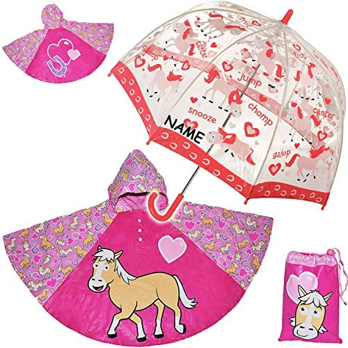 alles-meine.de GmbH Regenschirm + Regenponcho/Regencape - Pferd & Herzen - incl. Name - Gr. 104-128/3 bis 6 Jahre - Schirm Kinderregenschirm/Glockenschirm - Pferde - ..
