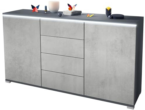 Vladon Sideboard Faro V1 - Kommode mit 2 Türen & 4 Schubladen, Schrank mit LED Lichtleiste, Anthrazit matt/Beton Oxid Optik (138,5 x 75,5 x 35)
