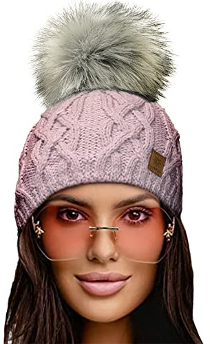 4sold Herren Damen Wurm Winter Style Beanie Handmade Strickmütze Mütze mit Fellbommel Bommelmütze Hat Gestrickte Pudelmütze Plain Ski Pom Wooly with Full Cosy Fleece-Futter