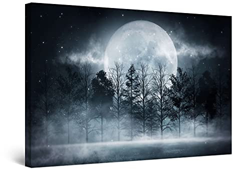 Startonight Quadro su Tela Luna Piena e Alberi - Grandi Quadri Moderni Natura - Stampe Grande per Soggiorno Stampe Incorniciate 80x120 cm, Decorazione Parete, Idea Regalo Elegante Luminoso al Buio