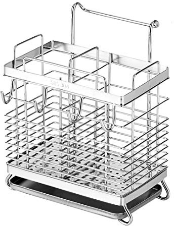 Sturdy 304 Stainless Steel Utensil Drying Rack, Basket Holder with Hooks 2 Compartments Draining Basket, Rust Proof, No Drilling,Kitchen Dish Drainer Dish Drying Rack
