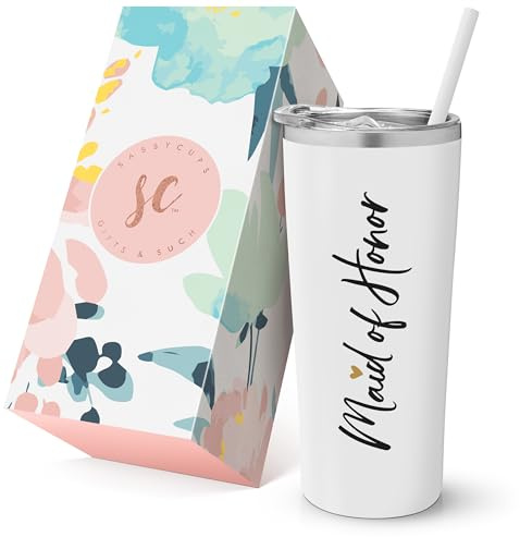 SassyCups Tasse de voyage en acier inoxydable avec paille pour femme d'honneur avec inscription « Will You Be My Maid of Honor »,Pour proposition de demoiselle d'honneur,MOH (623.7 g, blanc)