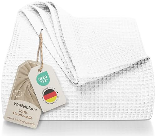 LAYNENBURG Premium Tagesdecke 220 x 240 cm XXL - Waffelpique 100% Baumwolle - leichte Wohndecke Waffeloptik - Baumwolldecke als Bett-Überwurf, Sofa-Überwurf, Couch-Überwurf - Sofa-Decke (weiß)
