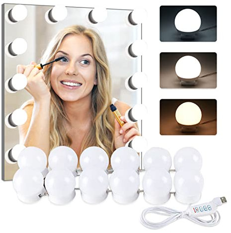 Alopee Vanity Mirror Lights, Hollywood Style USB Makeup Mirror Lights Kit with 12 Dimmable LED Bulbs, 3 Colours Modes 10 Levels Brightness Dressing Light for Dressing Table Room, Bathroom