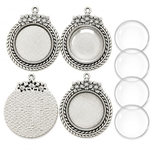 Perlin Cabochon Fassung Set 25 mm Silber Vintage Blumen Anhänger Rohling mit Glas Cabochon Rund Schmuck Basteln DIY Foto Medaillon 8 Teile