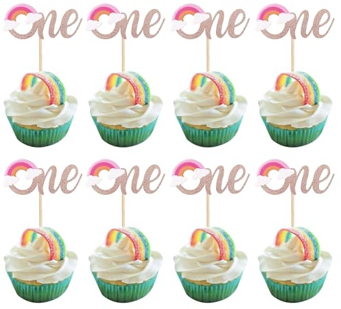 SYKYCTCY 24 Pack Rainbow One Cupcake Toppers Glitter Baby First Birthday Party Rainbow Cupcake Food Picks Baby Shower Boys Kids 1st Birthday Party Cake Decorations Supplies