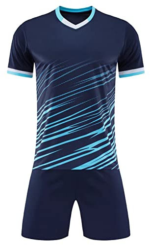 iEFiEL 2-delat barn pojkar fotboll sport kläder träningsoverall kort sportdräkt kortärmad t-shirt och korta byxor sommarset, Z marinblå, 128/134 cm