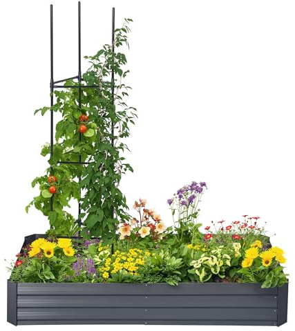Outsunny Orto Rialzato fioriera rettangolare in acciaio zincato grande capacità 180 x 90 x 29,5 cm con tutori per pomodori e piante rampicanti