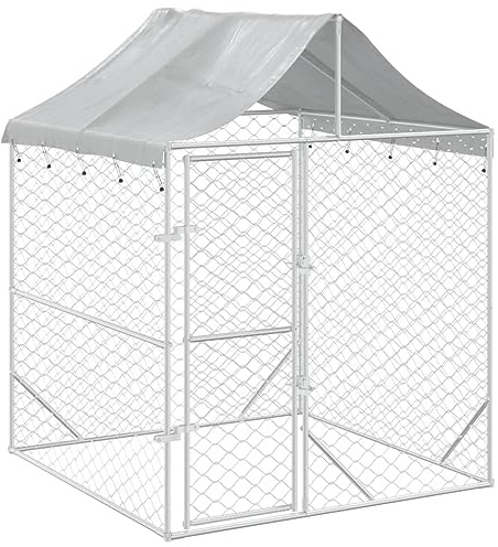 vidaXL Chenil d'Extérieur pour Chiens avec Toit, Niche pour Chiens avec Porte Verrouillable, Cage pour Chien de Jardin Terrasse, Argenté Acier Galvanisé