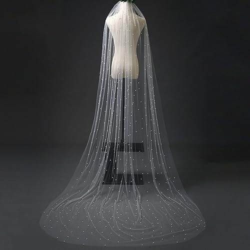 1 Tier Long Floor Wedding Bridal Veil with Comb Layer Chapel Length White Ivory Prom Gown Party Veil Wedding Accessory Elagant Charming Lady Bridal Veil with Pearls,ivory,200cm×160cm