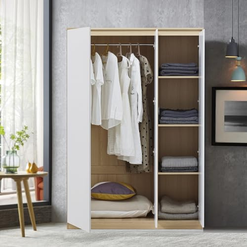[en.casa] Armario Ropero Bastheim Práctico Armario Dormitorio con 3 Puertas 1 Perchero 4 Compartimentos Fácil de Limpiar MDF 176 x 120 x 52 cm - Efecto Roble y Puertas Blancas