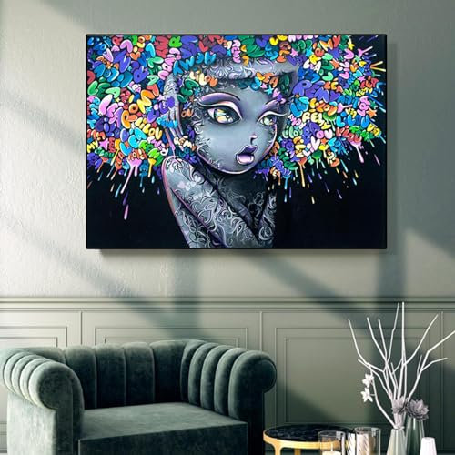 Süßes Mädchen, Graffiti-Kunst, Leinwandgemälde an der Wand, Kinder-Wohnzimmerbild, kreative Pop-Art, Straßenkunst, Leinwanddruck, Dekor, 60 x 80 cm (24 x 31 Zoll), ohne Rahmen