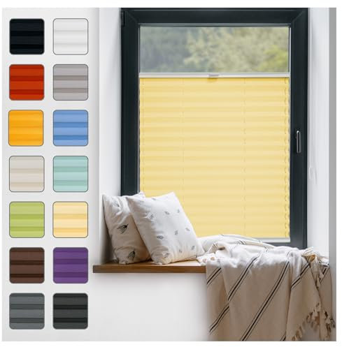 Fenster Plissee ohne Bohren zum Kleben Innenrahmen - Thermo Plisseerollo Innen - Rollo Jalousie, Halterungen auf Rahmen, Faltrollo, Sichtschutz, Blickdicht, für Fenster & Tür - Gelb, 50 x 150 cm
