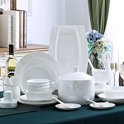 50-TLG. Tafelservice, White Bone China Porzellan Küchengeschirr Kombi-Set mit Müslischale Dessertteller Suppenteller Fischteller Geschirr und Suppentopf Service für 10