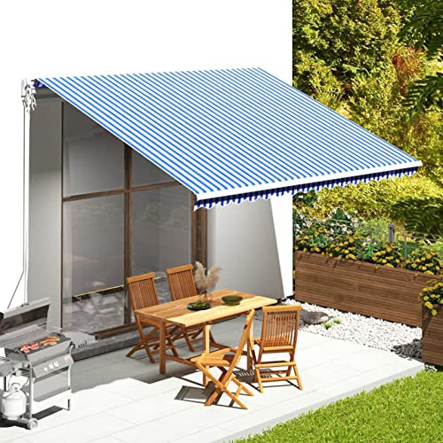 Rantry Mobile Tessuto di Ricambio per Tenda da Sole Tenda da Sole per Esterno Tende da Sole per Balconi Tenda da Sole a Bracci Estensibili Tenda da Sole per Esterno a Caduta Blu e Bianco 4,5x3,5 m
