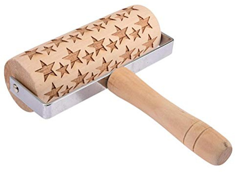 Masyrt WoodenRoll - Mattarello in legno con stampa natalizia a forma di alce e fiocchi di neve, 4,6 x 14 cm, strumento da forno in legno per fondente, crostate, biscotti, pasticcini, impasti (B)