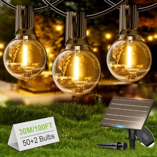 Yuusei Catena Luminosa Esterno Solare 30M IP65 Impermeabile con 50+2 LED G40 Luce Calda | 4 Modalità Luci da Esterno - Ideale per Giardino, Balcone, Terrazza, Campeggio e Feste