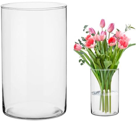 Yuraigm Vaso in vetro trasparente alto 30 cm, vaso per fiori in vetro trasparente, rotondo a cilindro in vetro, grande decorazione per l'erba della pampa, tulipani, rose, matrimoni, candele