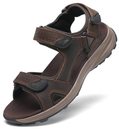FLARUT Sportsandaler för män Sommar Andningsbara Strandskor läder Vardagliga Promenadsandaler Utomhus Halkfria Vandringssandaler(Mörkbrun B,39 EU)