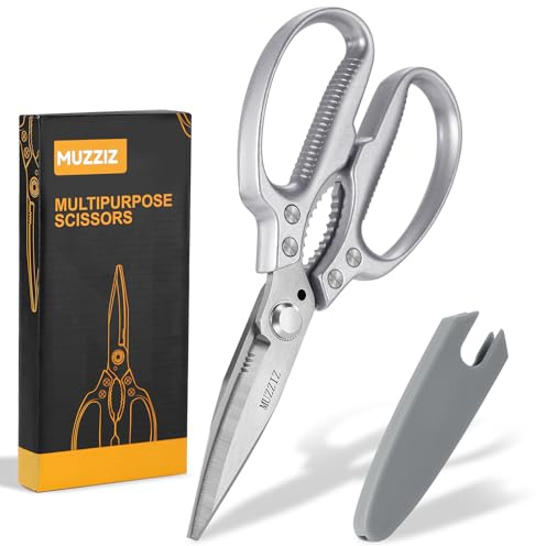 Muzziz Heavy Duty Scissors,All Purpose Utility Scissors,Stainless Steel Blade with Small Serrations， Metal Handle Shears for Home,Office,Easy Cutting Cardboard,Fabric,Leather,Wires,Carpet and Rope