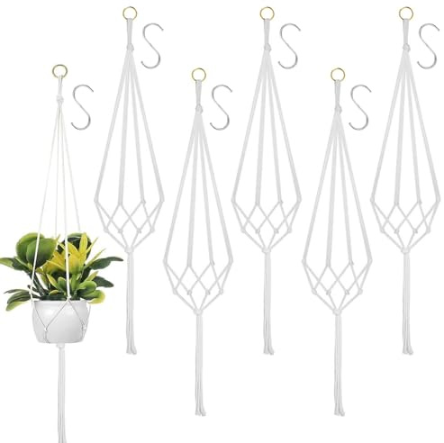 KUIZHEN 6pcs Macrame Plant Hanger with 6 S-Hooks, Hanging Planters Baskets, Cotton Rope Macrame Plant Hanger, Wall Hanging Flower Pots Holder for Indoor Outdoor Garden, 105CM