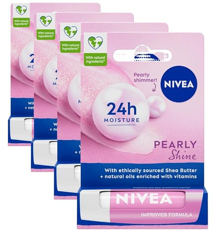 NIVEA Pearly Shine Lip Balm (4.8g), Lip Balm with Shea Butter, Natural Oils and Vitamins, Provides 24h Moisture and a Glamorous Shiny Touch, Nourishing Lip Care (Pack of 4)