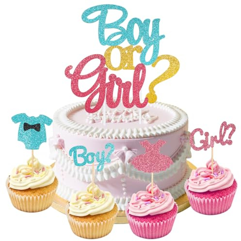 13 st cupcaketoppar för pojk- eller flicktema, glitter, kön avslöjande muffinsfoder, rosa klänning, blå skjorta, tårtdekorationer för kön avslöjande, baby shower, födelsedagsfest tillbehör