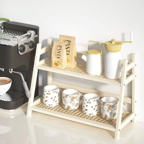 D-werack Kaffeestation in Korboptik, Bambus-Becherhalter, Arbeitsplatte, Küchenthekenregal für Tee, Kaffee, Bar, Zubehör, Matcha-Ständer, Tassen-Display, Gewürz-Aufbewahrungsregal, 2 Ebenen, Weiß