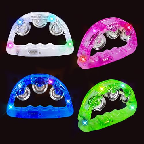 LED-Tamburine mit Musik: Handheld-Musik, blinkendes Tamburin, leuchtet im Dunkeln, Partyzubehör, LED-Tamburine, Percussion-Instrument für Bar, Weihnachten, Halloween (weiß, rot, blau, grün, 4 Stück)