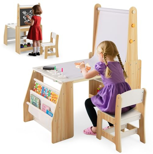 RELAX4LIFE Set Tavolo e Sedia per Bambini, Tavolo Artistico Multifunzione con Lavagna Bianca/Nera, Rotolo di Carta, 2 Ripiani Aperti e Libreria a 2 Ripiani, Include 1 Sedia, per Disegno (Naturale)