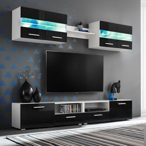 Générique Ensemble Mural pour TV 5 pcs avec lumières LED Noir Brillant, Meubles, Meubles TV, Noir, (Poids 65.8KG)