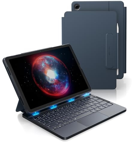 Dexnor Clavier pour Samsung Galaxy Tab A9+ Plus, Magnétique Ultra-Mince Détachable avec Multi-Touch Trackpad Rétro-éclairé Porte Crayon, Français AZERTY Bleu