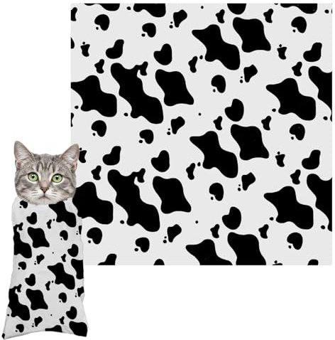 VLYX Katzenpflege-Wickeldecke, 70x70 cm, Selbsthaftend, Sicher für Krallenschneiden, Anti-Biss, Kratzfest, Ausbruchssicher - Kuhdesign