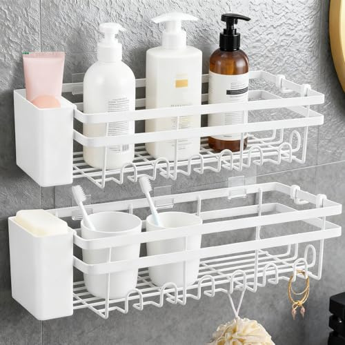 Duschablage ohne Bohren - Weiß Selbstklebend Edelstahl Badregal Duschregal, Langlebig und Rostfrei Bis 12kg, Shampoo Halterung für Dusche, Duschhalterung mit 2 Kleine Aufbewahrungsboxen für Badezimmer