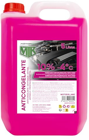 Motorkit MTK Antigelo Refrigerante Rosa 5 L, –4°C, Pronto all’Uso, 10%, 100% Glicole Etilenico Puro, Protezione del Motore dal Gelo e dal Surriscaldamento