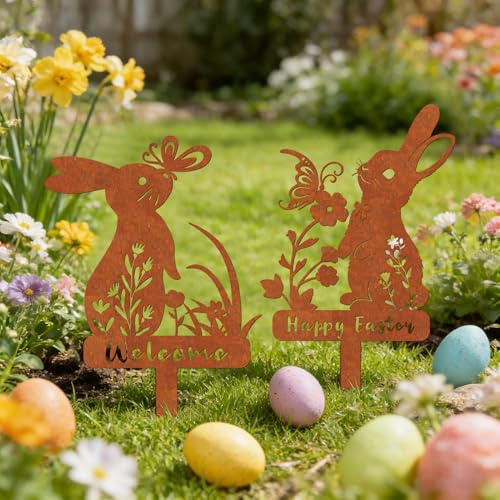 Osterdeko für Draußen Gartenstecker, 2er Osterhase Gartenstecker Ostern Deko Frühling Garten Outdoor, Gartendeko Rost Metall Osterhasen Wetterfest Frühlingsdeko für Terrasse Balkon Blumentopf (Hase)