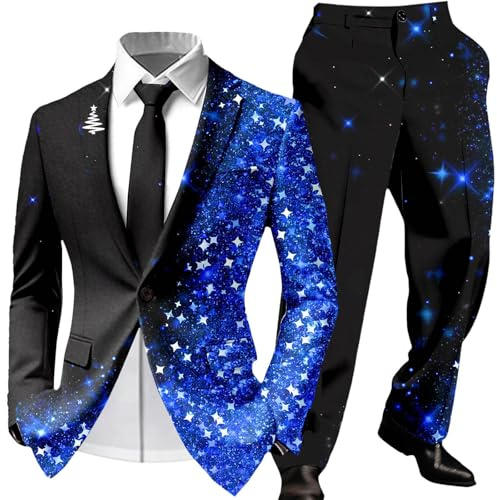 Chándal de algodón para hombre, traje de jogging, traje de casa estampado formal de dos piezas para fiestas de negocios y pantalones para eventos festivos y, azul, XXL