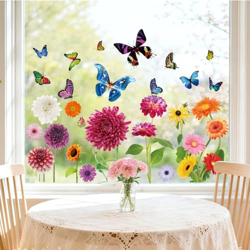 9 Blätter Fenstersticker Frühling, 84 Aufkleber Fensterbilder Frühling Selbstklebend, Wiederverwendbare Fensterdeko, Fensterbilder Mit Blumen Schmetterlingen Für Fensterdekoration