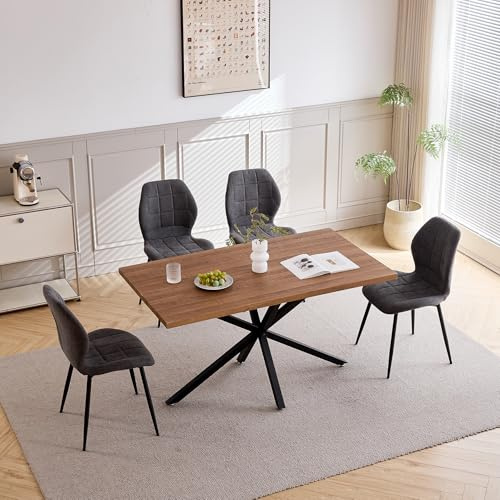 GrandCA HOME Juego de Mesa y Sillas de Comedor, Mesa de Comedor Rectangular 140 * 78 * 77cm,4 Sillas de Comedor Ttapizadas, Juego de Muebles de Cocina de 5 Piezas (Oscuro + Gris)