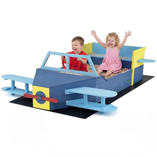 HOMASIS Arenero para Niños de Madera, Cajón de Arena para Jardín | Caja de Arena Infantil en Forma de Planeador con Forro Inferior, Banco, Hélice, Timón Giratorio y Alas Laterales
